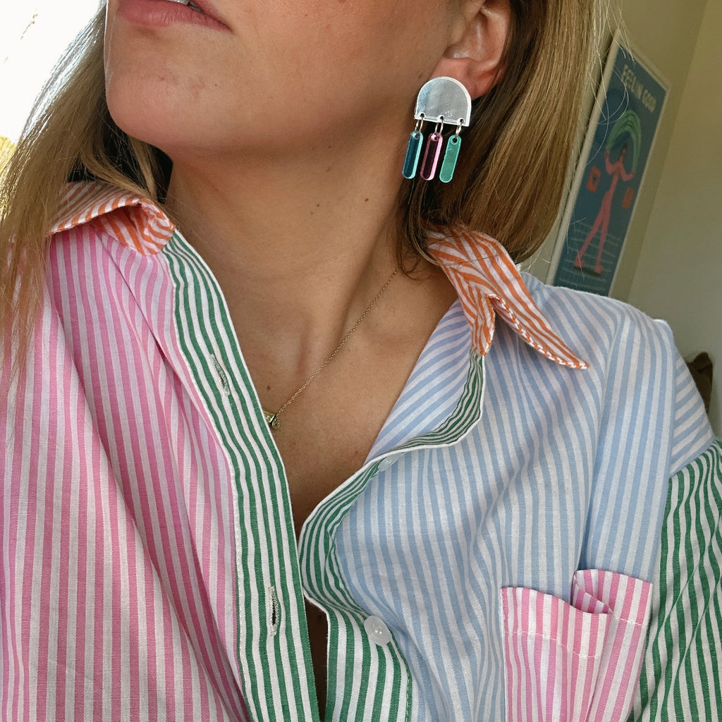 Pascal Earrings // Silver Mirror with Pink, Green + Blue mirror dangles