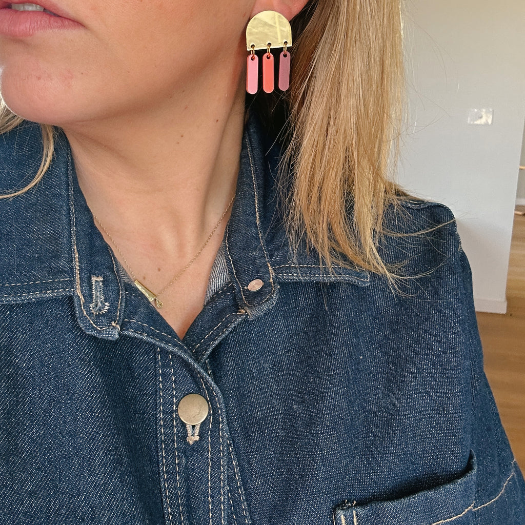 Pascal Earrings // Gold mirror with pink dangles