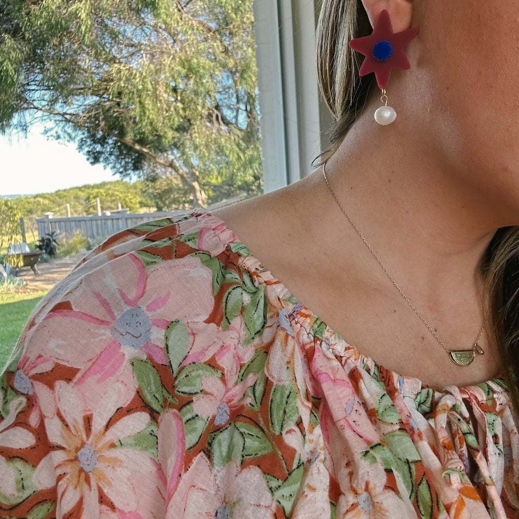Abby Earrings // Maroon Flowers with pearl