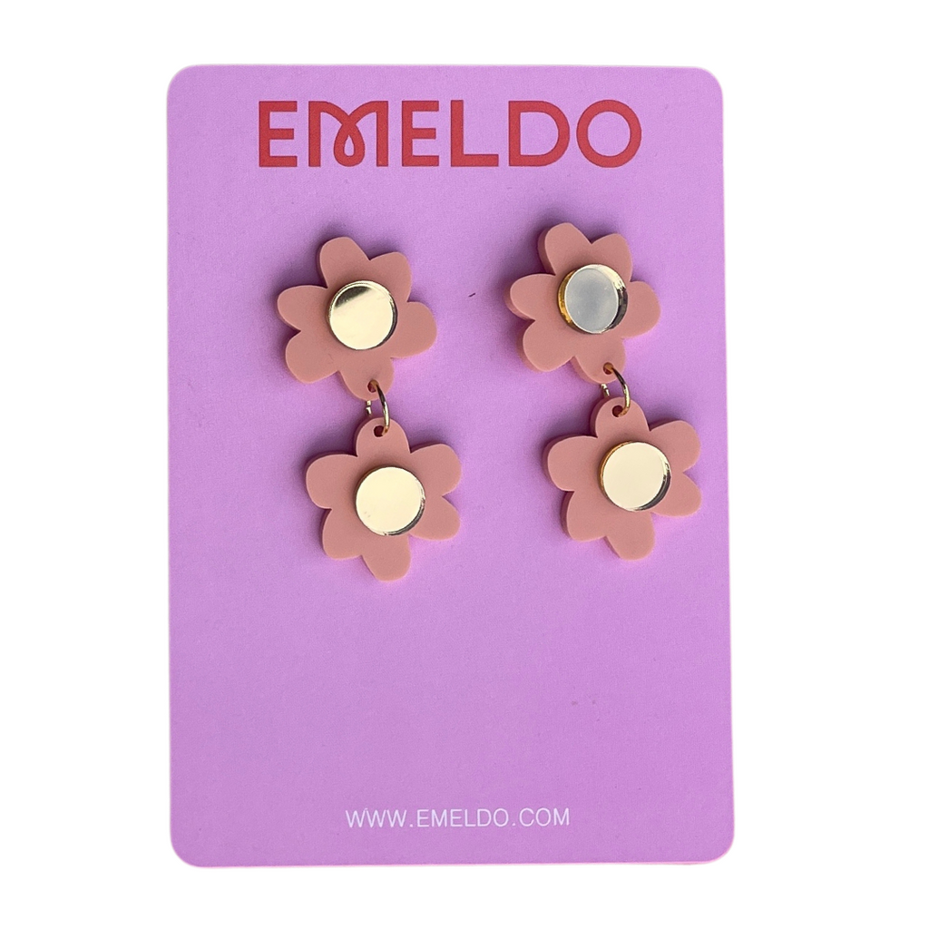 Jolene double flowers Earrings // Peach with Gold Mirror