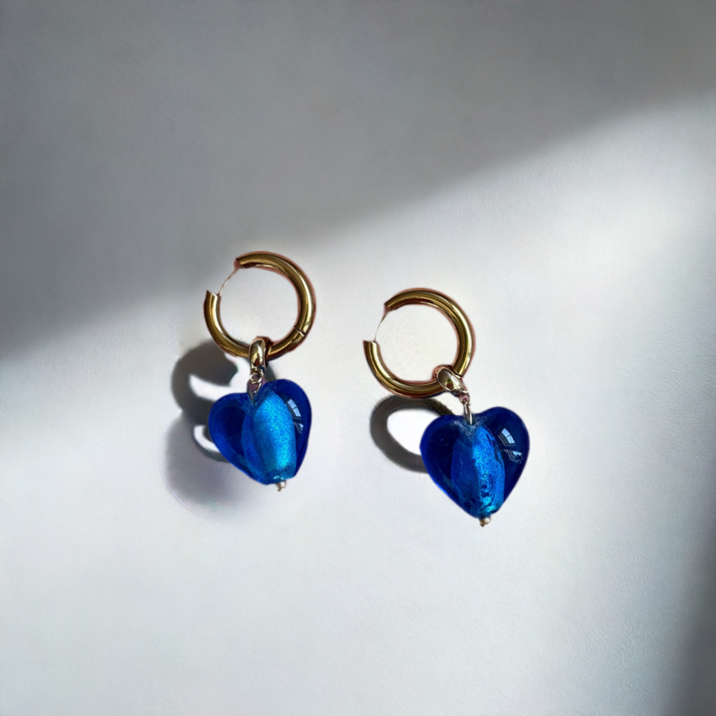 Allee Glass Heart Hoops // Blue