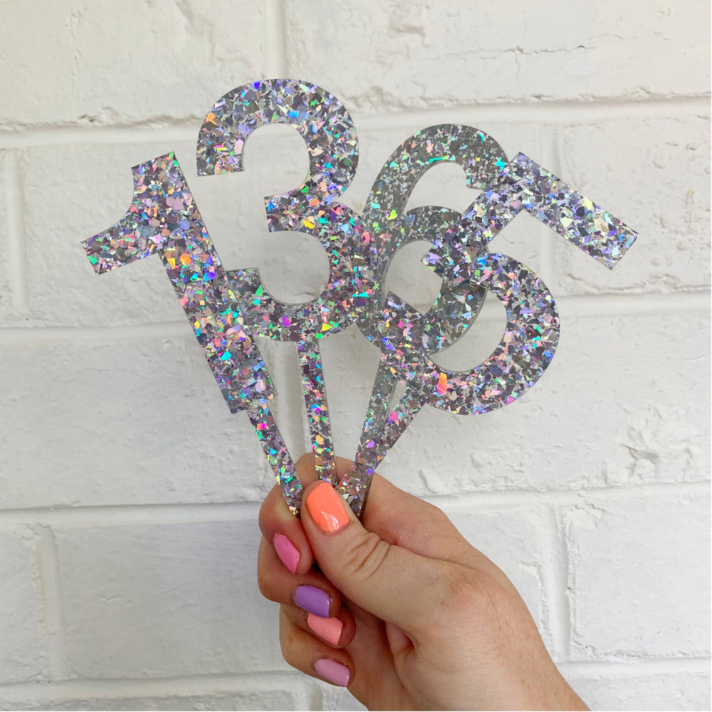 Holographic Glitter Number Cake Topper // by Hello Kit Co