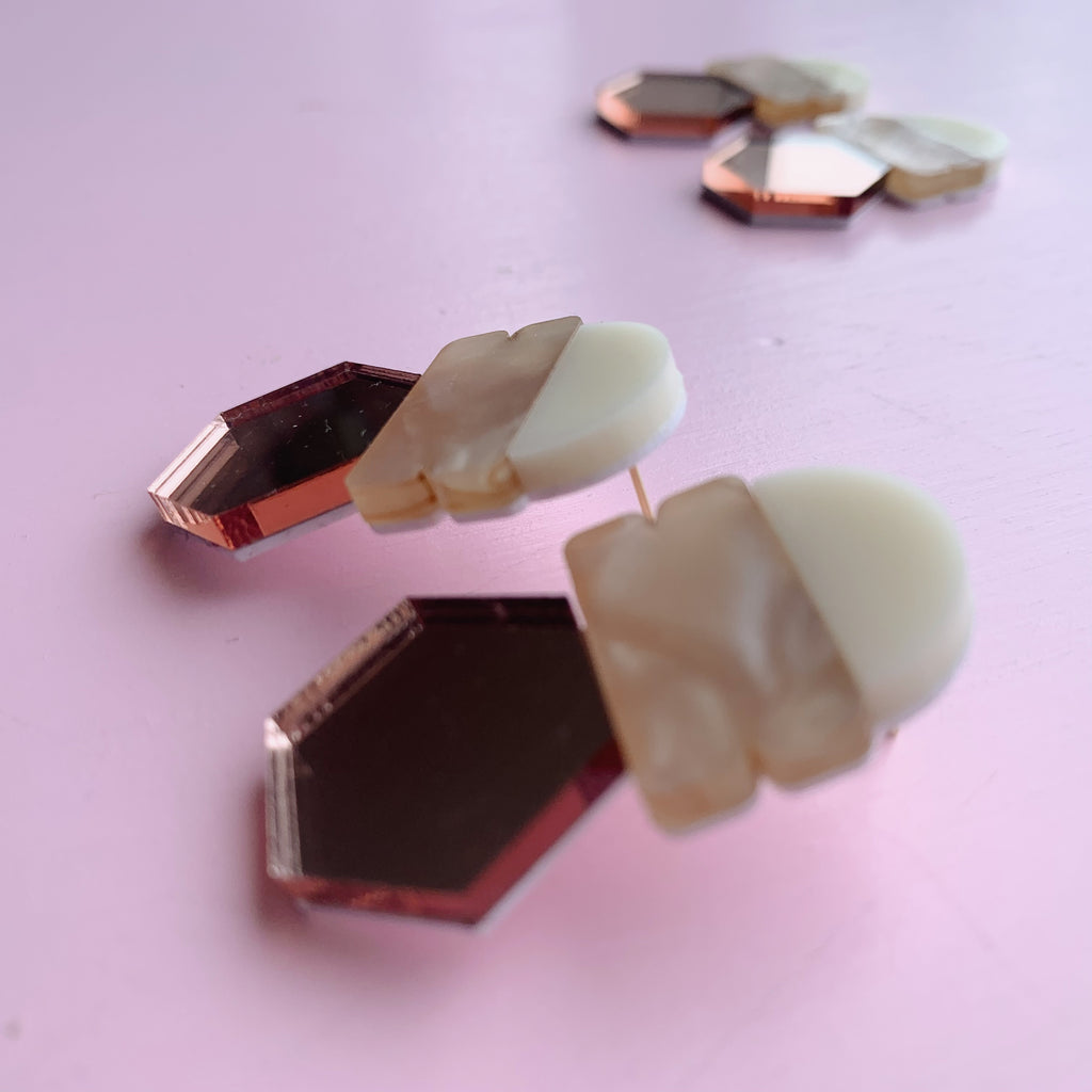Lena Earrings // cream, marble caramel + rose mirror