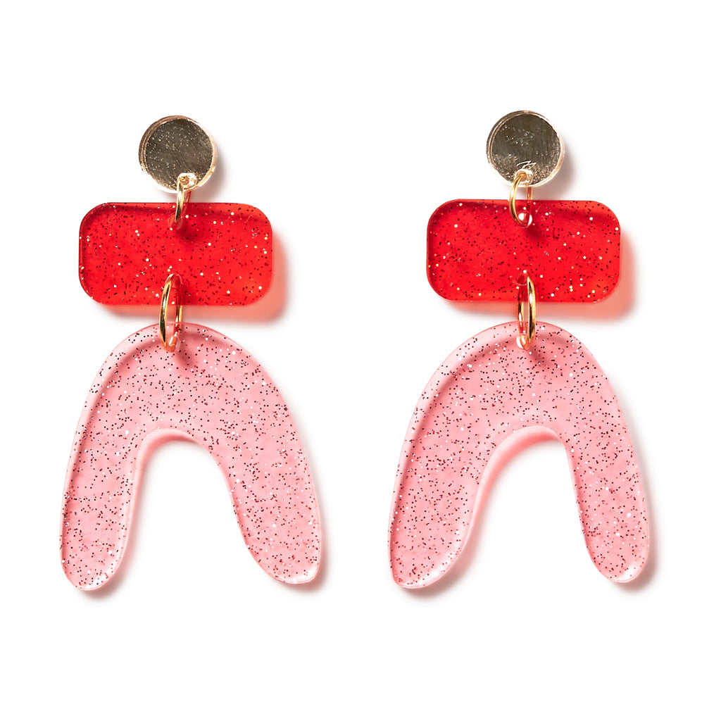 Jean Earrings // Gold Mirror, Red + Pink Clear glitter
