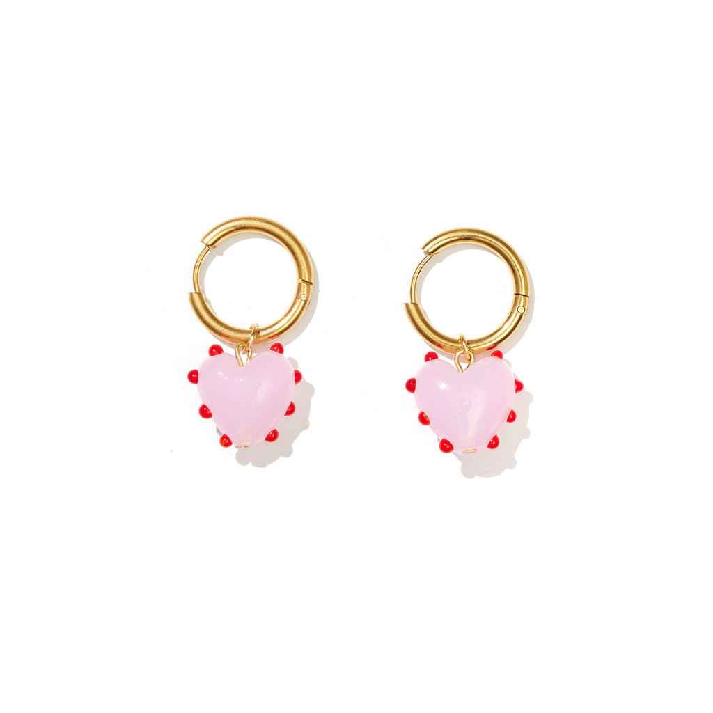 Heart Drop Hoops // red and pink on gold