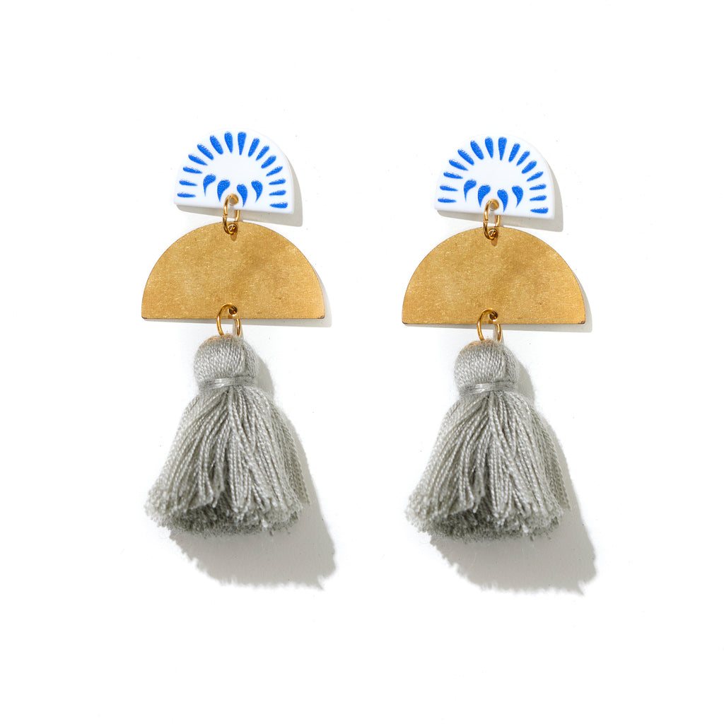 Athena Earrings // Gold brass, blue and white with tassel