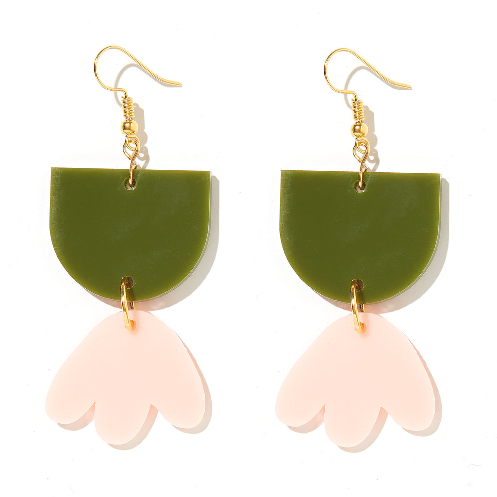 Bambi Earrings // Olive Green with Pale Pink