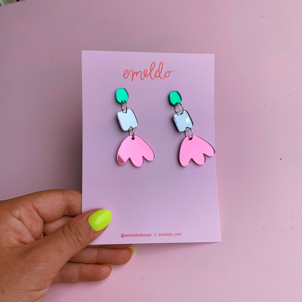 Jenna Earrings // silver, green + pink