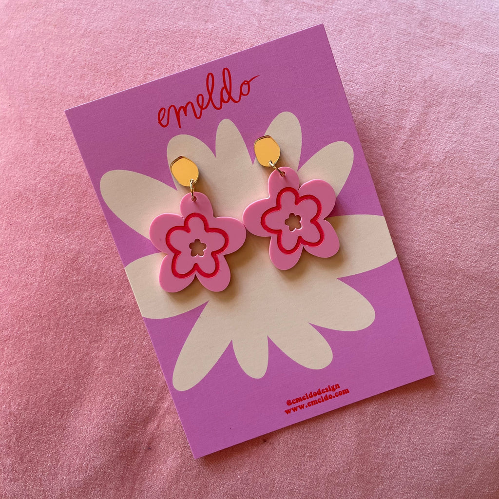 Mallow Pink Flower Earrings // Pink +  Red