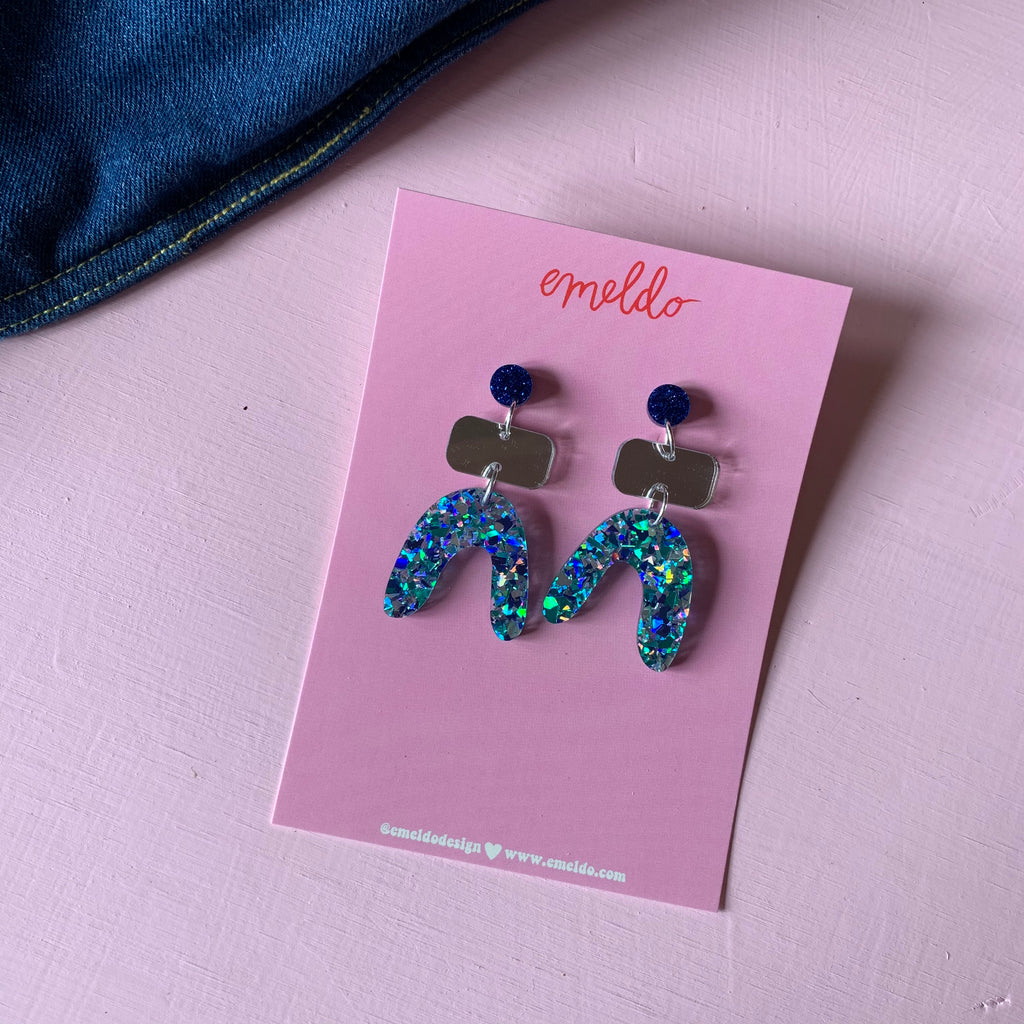 Jean Earrings // Navy Glitter, Silver Mirror + Confetti Blues