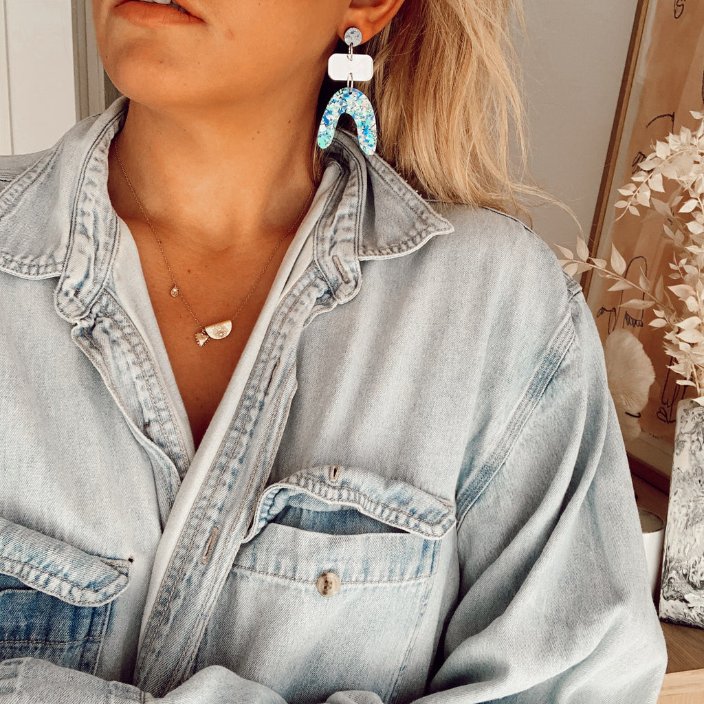 Jean Earrings // Navy Glitter, Silver Mirror + Confetti Blues