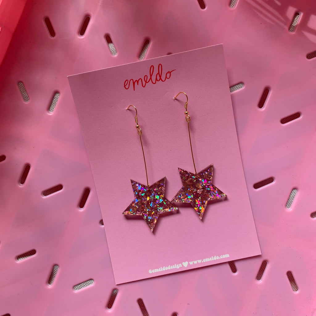 Star Earrings // Rose Pink Glitter