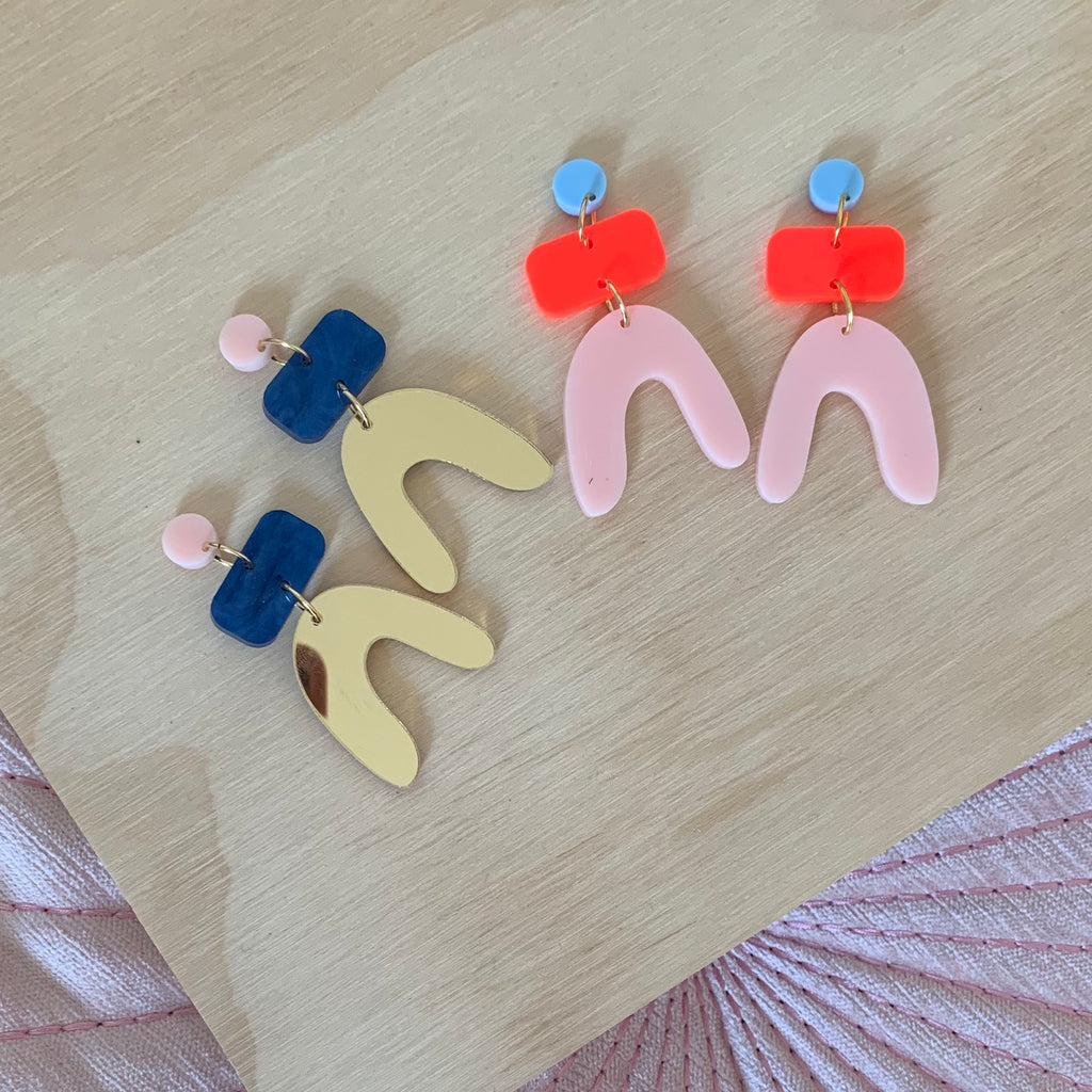 Jean Earrings // powder blue, neon red, pale pink