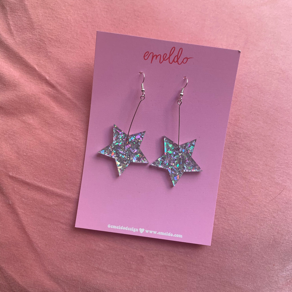 Star Earrings // Silver  Confetti Glitter