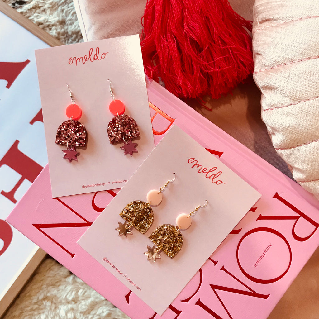 Alexa Earrings // Neon Red, Rose pink glitter + pink mirror