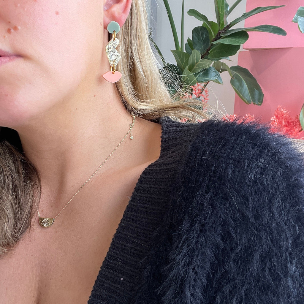 Winnie Earrings // green, gold and pink