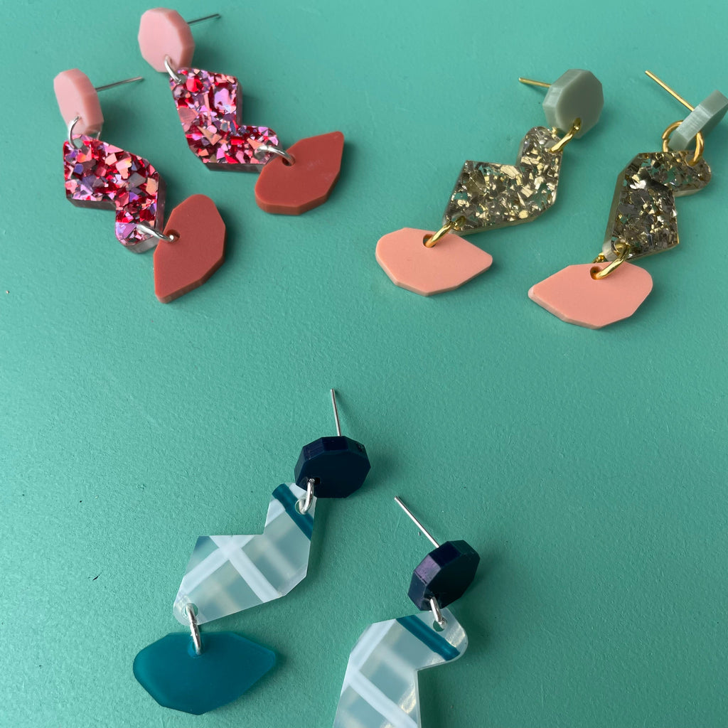 Winnie Earrings // green, gold and pink