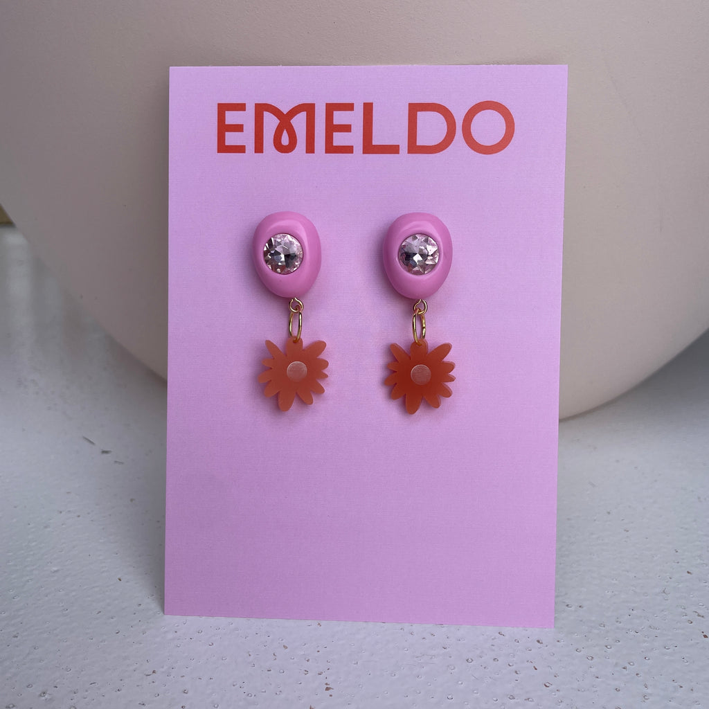 Floral Gem Stone Earrings // pink with burn orange