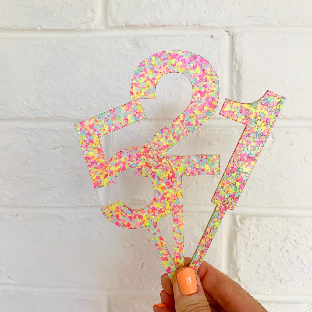 Neon Sorbet Confetti Number Cake Topper // by Hello Kit Co