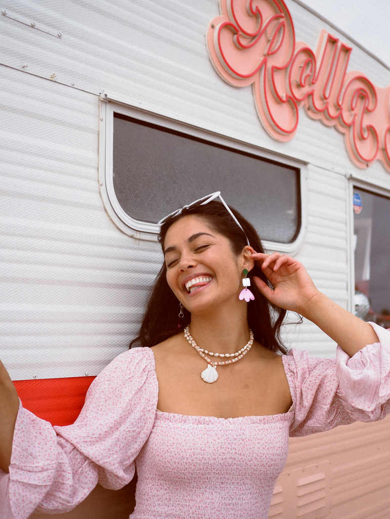 Jenna Earrings // silver, green + pink