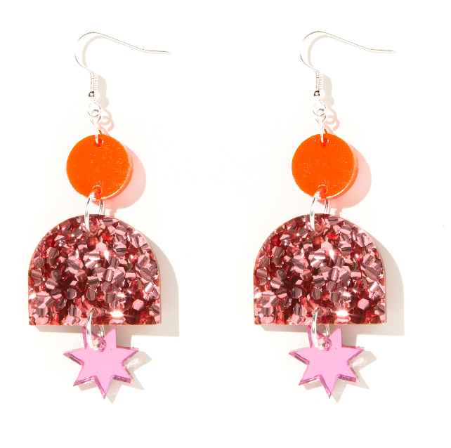 Alexa Earrings // Neon Red, Rose pink glitter + pink mirror