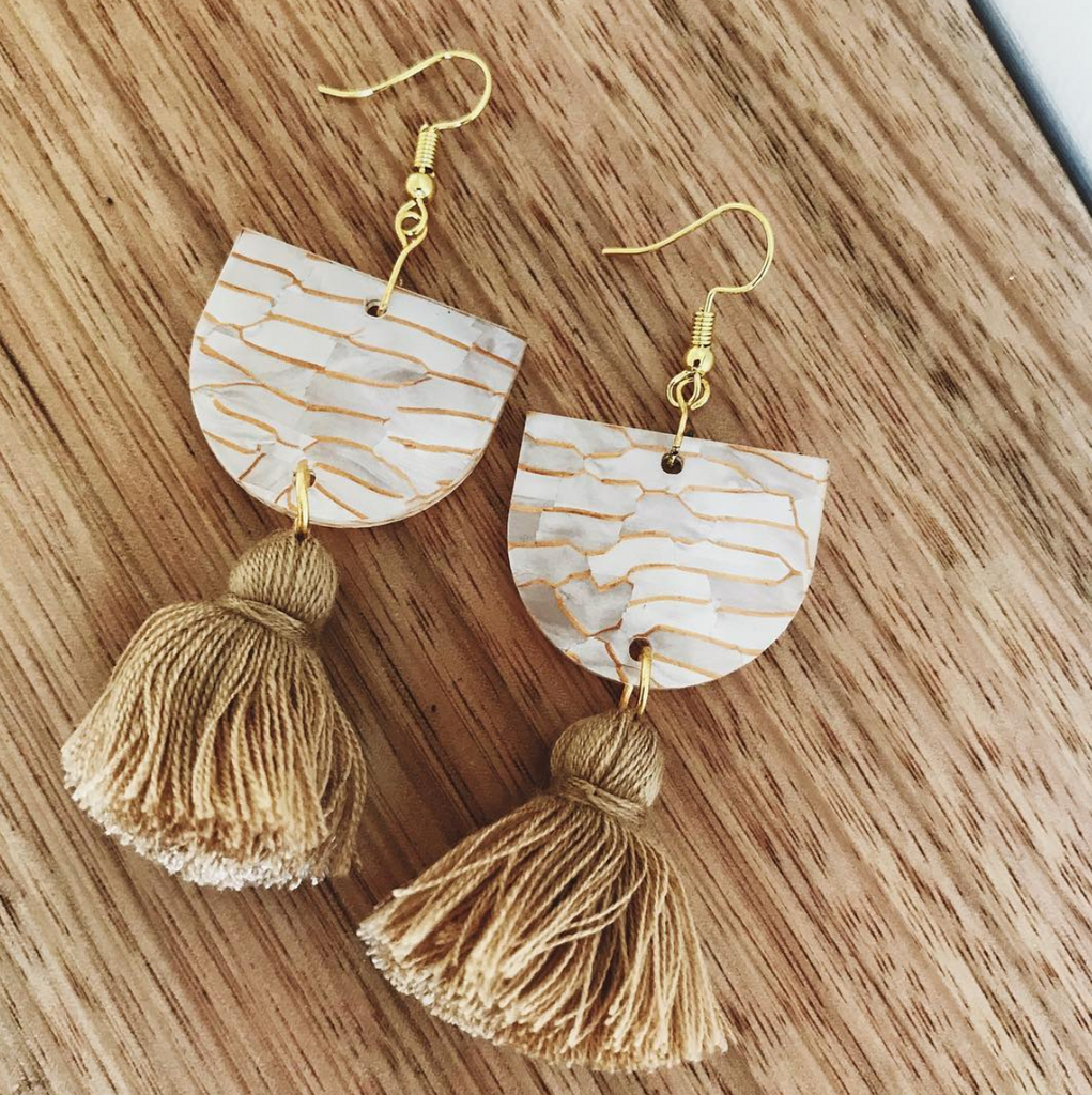 Annie Earrings // Shell + Gold Tiger with Camel Tassel