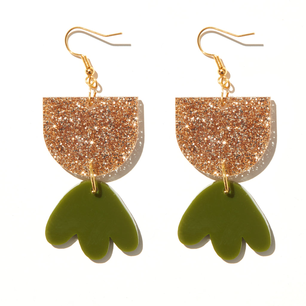Bambi Earrings // fine gold glitter and olive