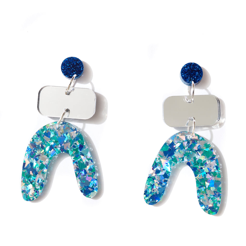 Jean Earrings // Navy Glitter, Silver Mirror + Confetti Blues