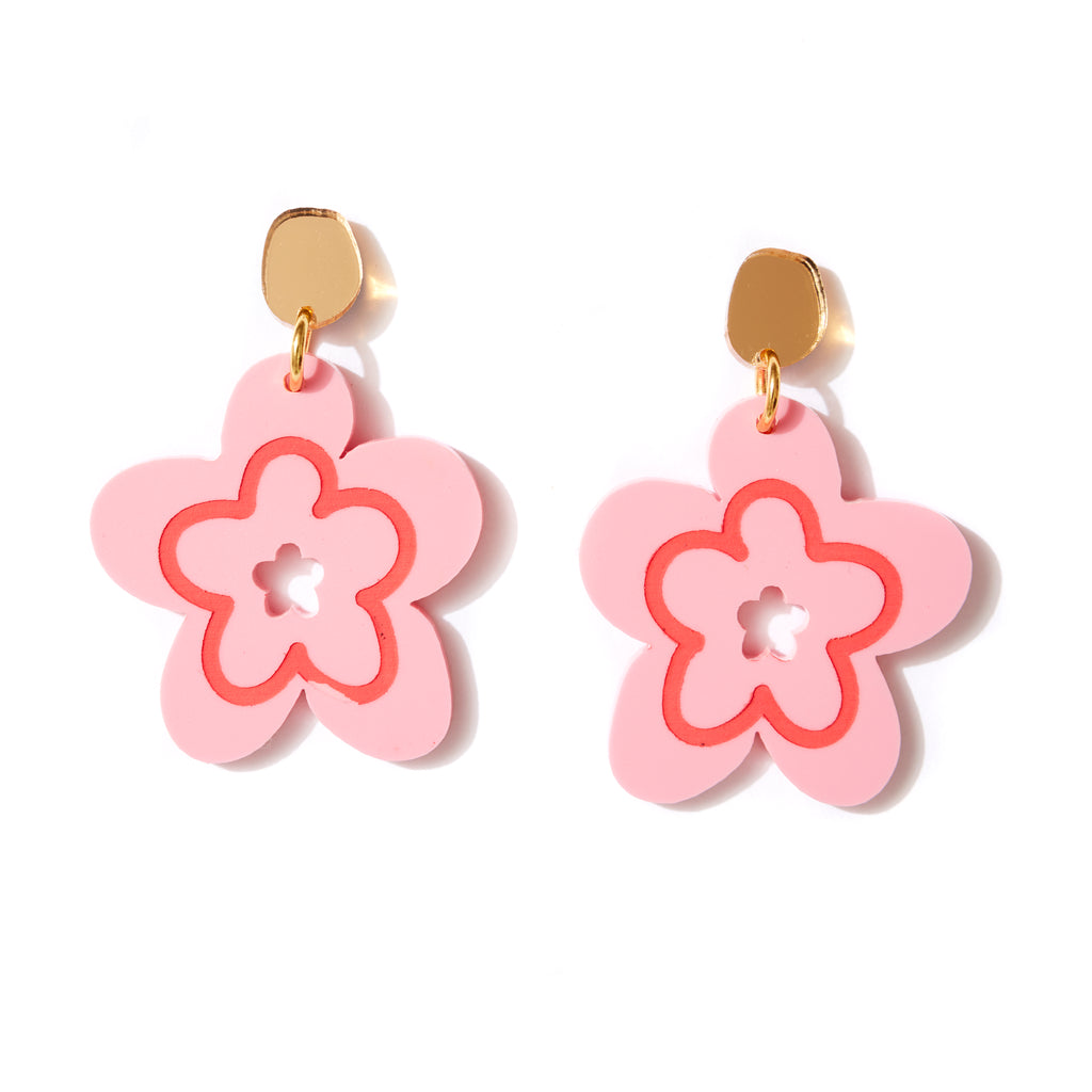 Mallow Pink Flower Earrings // Pink +  Red