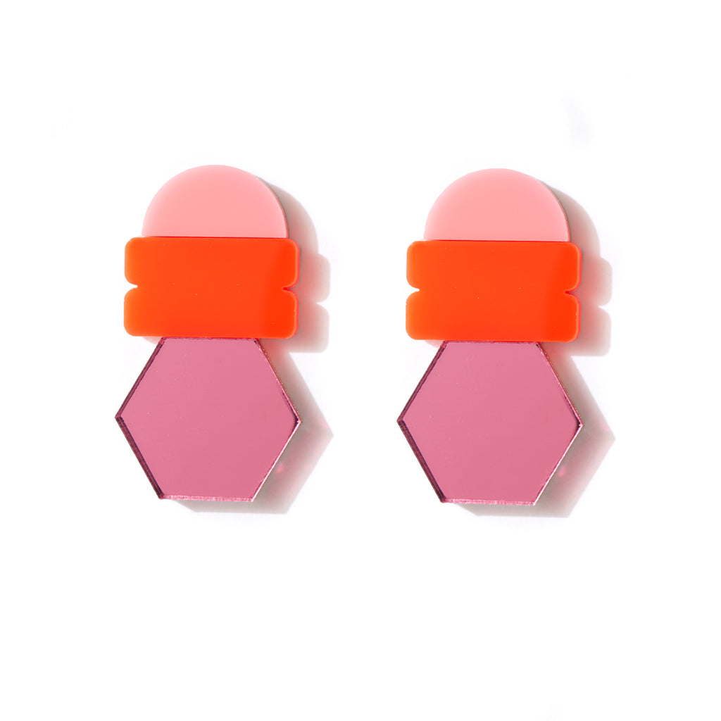 Lena Earrings // Pink, neon red + pink mirror