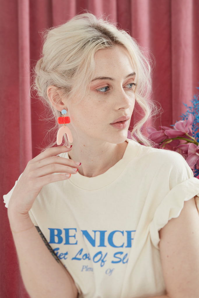 Jean Earrings // powder blue, neon red, pale pink