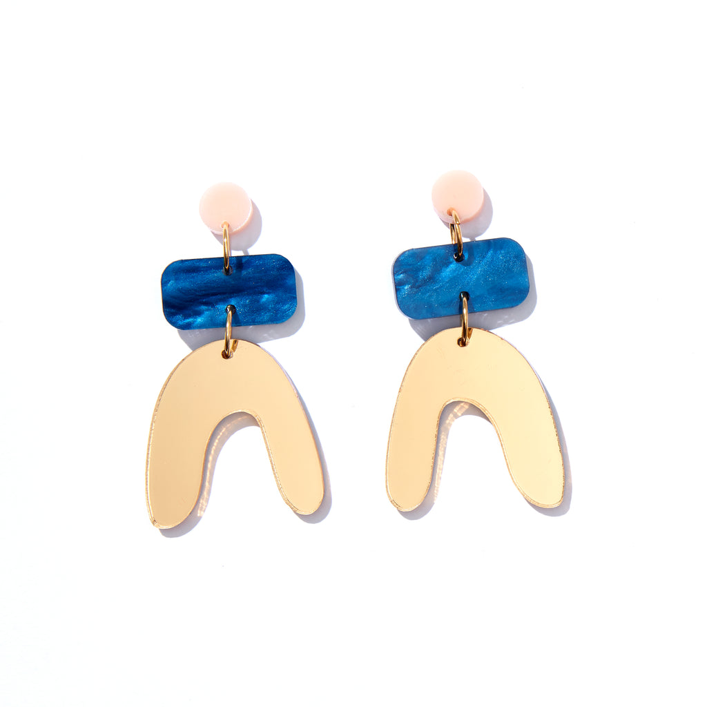 Jean Earrings // Pale pink, Navy + Gold