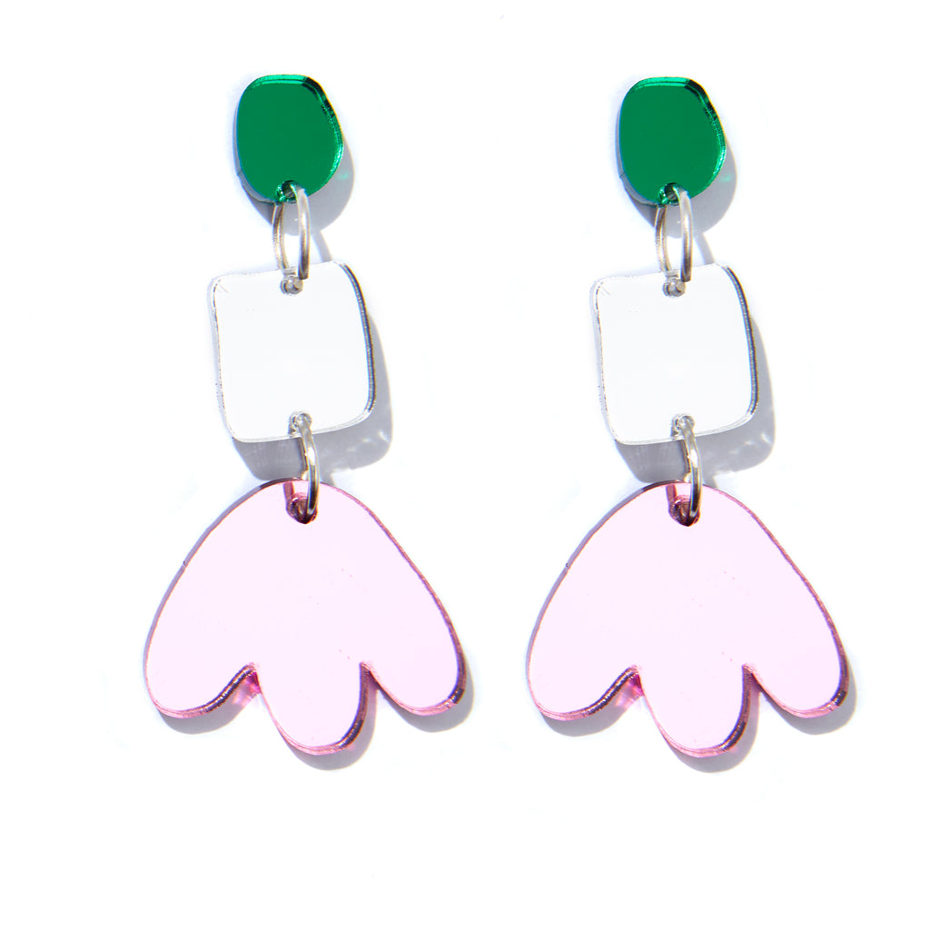 Jenna Earrings // silver, green + pink