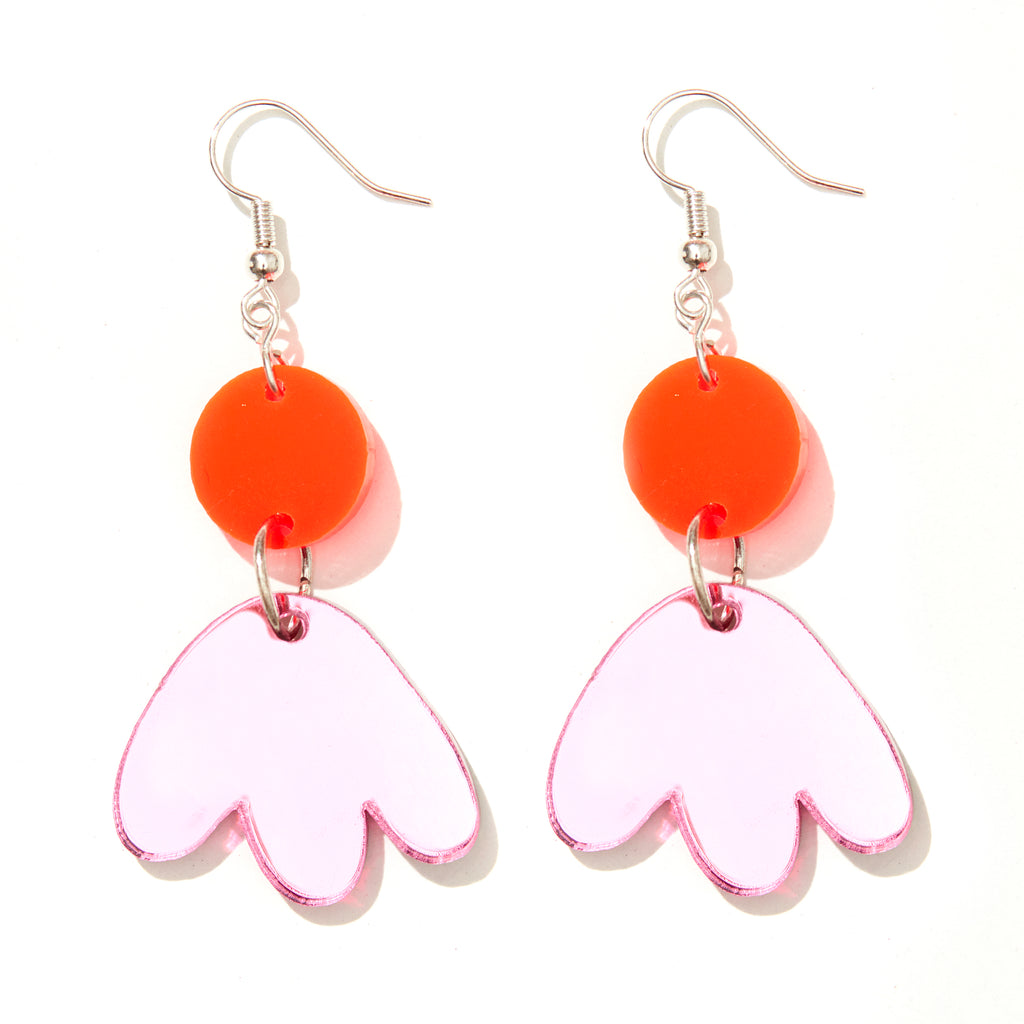 Scout Earrings // Neon Red with Pink Mirror