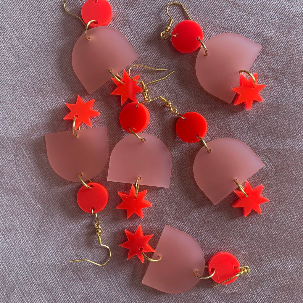 Alexa Earrings // neon red, frosted pink.