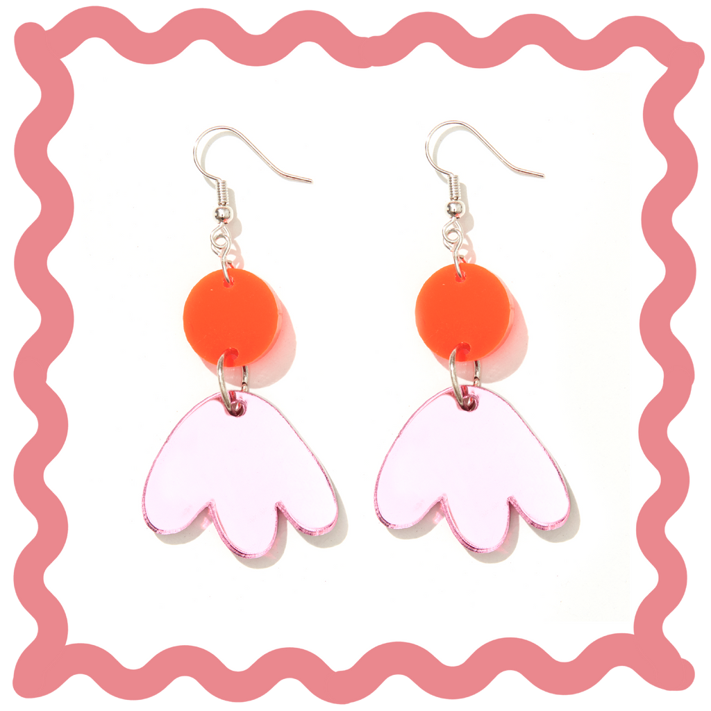 Scout Earrings // Neon Red with Pink Mirror